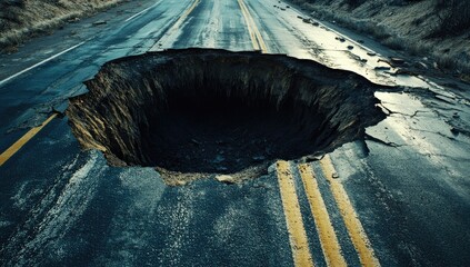 Large Pothole on Dark Gray Asphalt Road