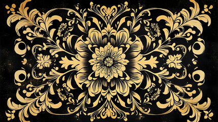Fototapeta premium Ornate, symmetrical design with intricate golden floral patterns on a dark background.