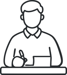 Line art illustration of a person writing on paper at a desk with a pen in hand