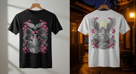 T-shirt Designs with Mythological Creatures and Cherry Blossoms