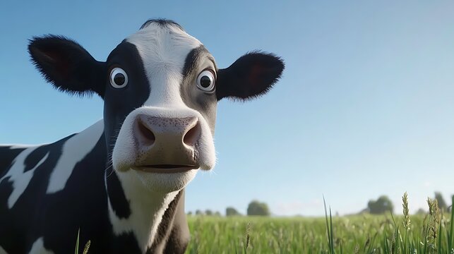 Animated cow stares directly at the camera.