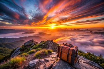 Fototapeta premium Long Exposure: Travel Bag & Majestic Mountain Peak Sunrise