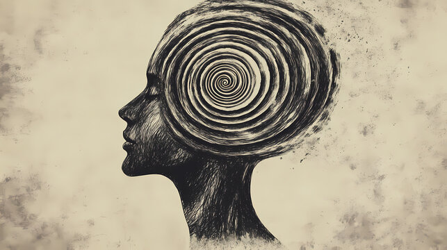 Spiral of mind to speech: a human head with a spiral coming out of the forehead, transitioning from subtle thought patterns to bold, clear words. Thought Spiral. Illustration