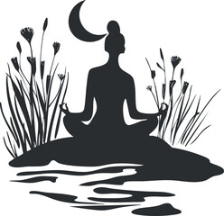 Silhouette of a woman meditating in lotus pose by water with moon and plants at night