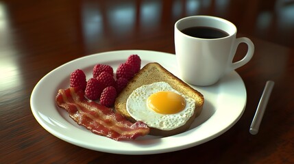 Delicious Breakfast Plate with Eggs, Bacon, Toast, and Raspberries