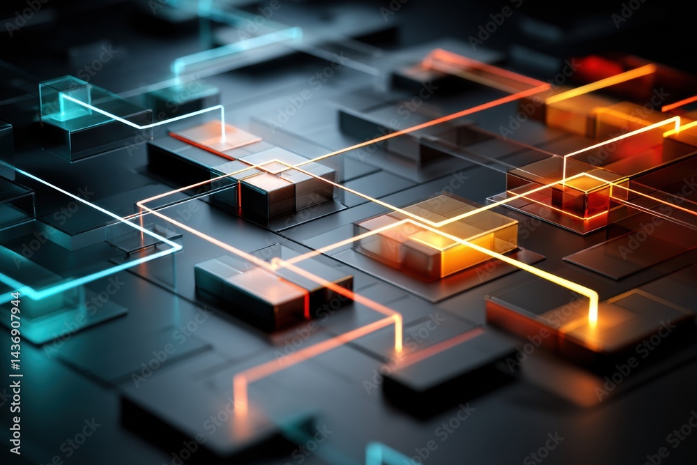 Poster Flowchart Transformed Into a Three-Dimensional AI Structure With Luminous Edges in a Modern Digital Landscape