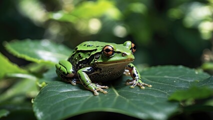Obraz premium Green Tree Frog on Leaf – Nocturnal Amphibian Wildlife Close-Up