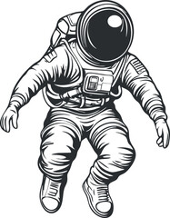 Fototapeta premium Black and white vector illustration of an astronaut in a spacesuit floating in zero gravity during a spacewalk