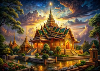 Obraz premium Low Light Thai Painting Wallpaper: Mystical Golden Temple at Night, Generative AI Art