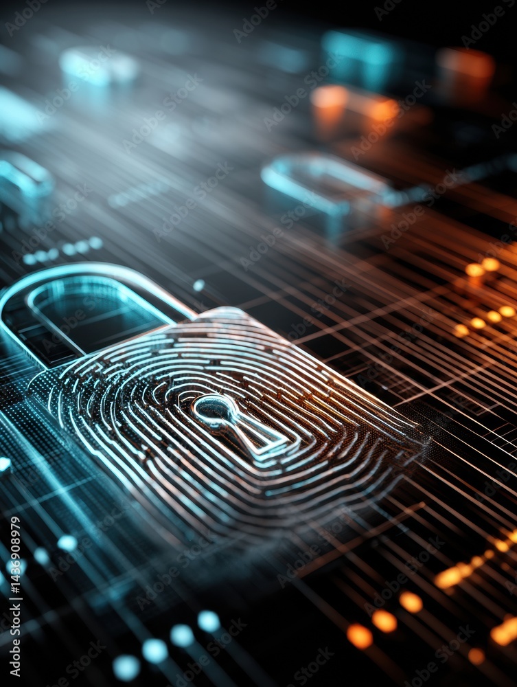 Aufkleber Holographic Padlock and Fingerprint Icon Display in a Cybersecure Digital Environment With Intricate Data Background