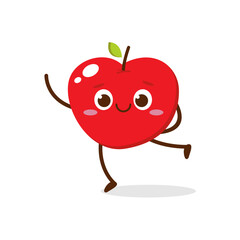 Cute Smiling Red Apple Character. Kawaii Red Fruit Mascot Style Vector