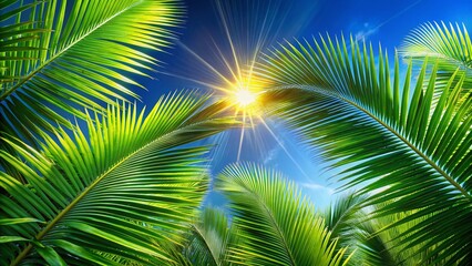 Obraz premium Lush Green Palm Leaves & Bright Blue Sky - Long Exposure Sun Flare Stock Photo