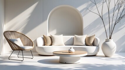 This modern living room interior showcases a comfortable white sofa and contemporary design furniture, creating a bright and airy home space