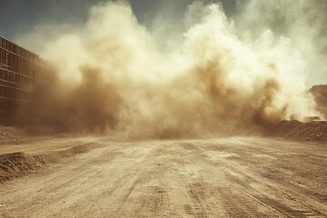 A large dust cloud billows across a construction site, obscuring vehicles and structures.