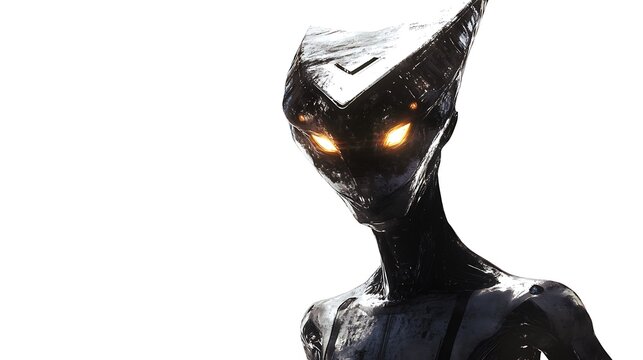 Eerie figure with glowing eyes stands out against a stark white backdrop, creating a sense of mystery and technological advancement.