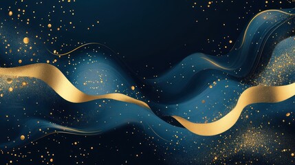 Abstract blue gold waves, glittering dust, dark background; website header