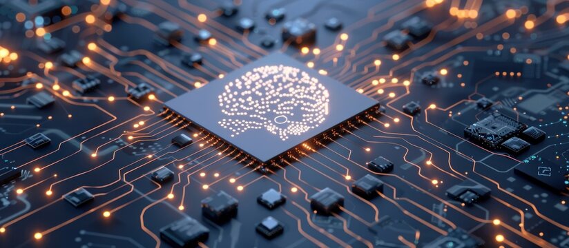 Artificial intelligence AI neural network digital brain machine deep learning processing big data analysis technology connection mining chipset on Circuit board futuristic. 3d rendering