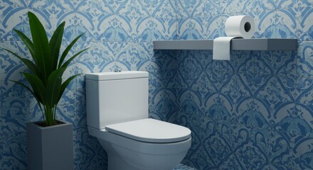 Toilet Room Interior with Plant and Patterned Blue Wall Tiles