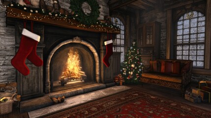 Obraz premium Cozy Christmas fireplace scene with stockings and ornaments.