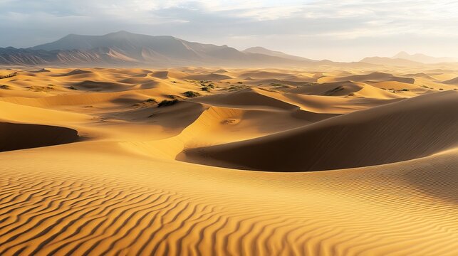 Golden Desert Dunes Rolling Towards Majestic Mountains at Sunrise