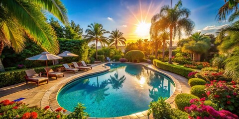 Fototapeta premium Luxury Resort Poolside Paradise: Stunning View with Copy Space