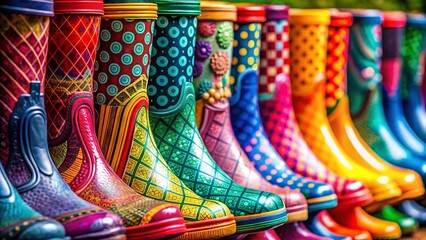 Macro Close-up of Colorful Rubber Boots: Detailed Texture and Design