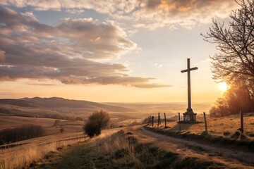 Obraz premium Good Friday concept: cross with sunset in the sky background 