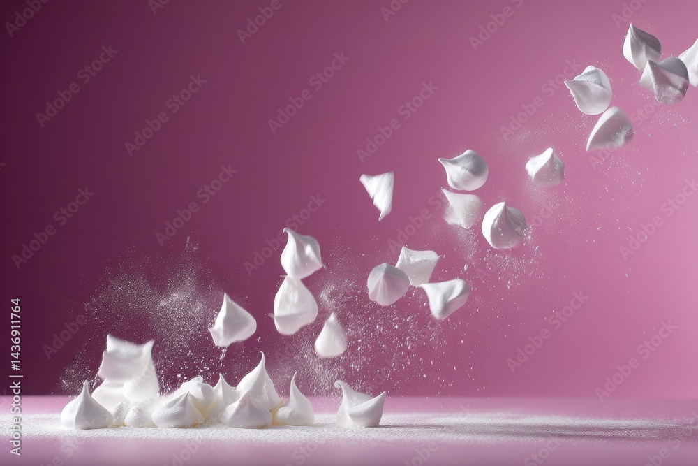 Poster Floating Meringue Pieces Soar Through Powdered Sugar in a Bright Pink Setup Capturing a Moment of Culinary Delight in a Playful Atmosphere