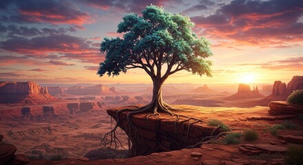 Tree Growing on Cliffside at Sunset Landscape