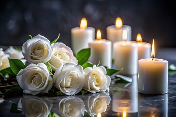 Obraz premium Macro Photography: White Roses & Candles, Funeral Memorial Sympathy Card Design