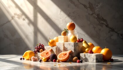 Fototapeta premium Sunlit Still Life Fresh Fruit Arrangement on Marble Blocks