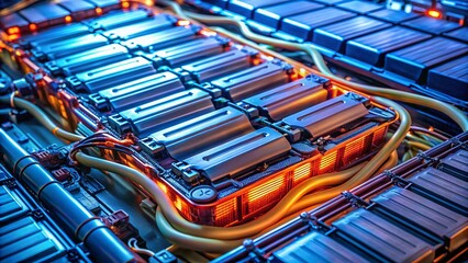 Macro Shot: Electric Vehicle Battery Pack Cells, Closeup Energy Storage Detail