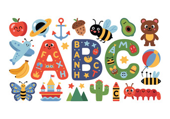 Fototapeta premium Colorful ABC Vector Set: Learning Alphabet with Objects