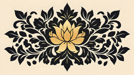 Fototapeta premium Ornate lotus flower design with dark foliage and gold accents.