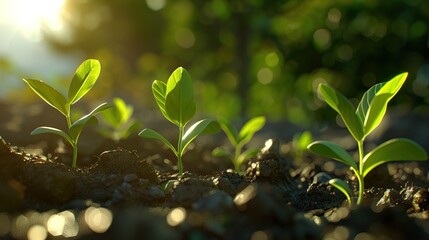 Green sprouts in dark soil against a blurred background symbolizing the concept of growth and potential