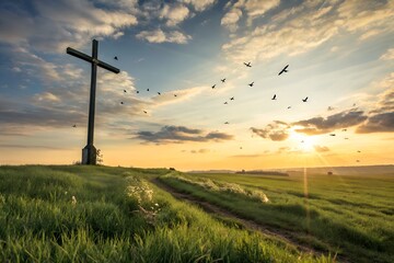 Obraz premium Easter Religious concept: The cross on meadow autumn sunrise background 