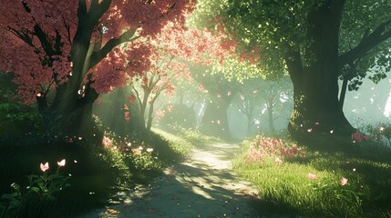 Serene Forest Path Sunlight Dappled Trees Spring Flowers Nature Landscape
