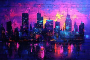 Obraz premium Vibrant city skyline at sunset, depicted in a graffiti-style painting on a brick wall.