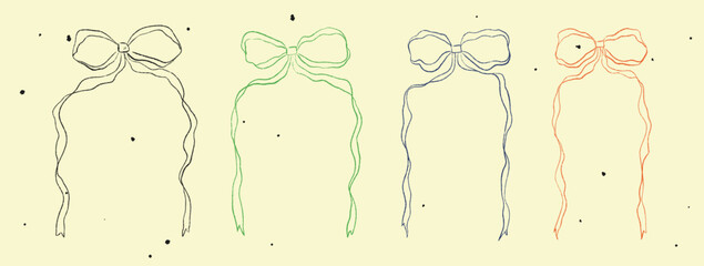 Chalk Textured Ribbon Bow Set. Cute kids pencil hand drawing elements. Coquette aesthetic vintage style bow knot symbol. Cartoon freehand drawn color vector illustration isolated on pastel background