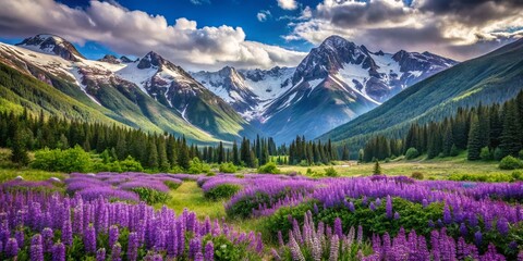 Majestic Mountains, Purple Flower Valley: Stunning Landscape Stock Photo
