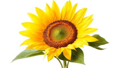 Radiant sunflower with golden petals and intricate center, captured against a pristine white backdrop, a symbol of warmth and sunshine.