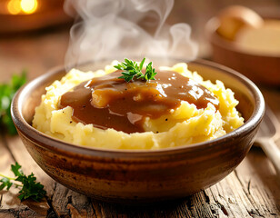 High-resolution photo of creamy mashed potatoes with rich brown gravy, served in a rustic ceramic bowl