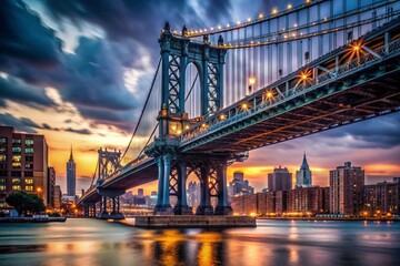 Fototapeta premium Manhattan Bridge, Lower Manhattan Skyline, Brooklyn Bridge Park, NYC Urban Exploration Photography