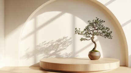 Japandi-style interior for product showcase display with a small bonsai tree in a ceramic pot on an oak wooden podium, with natural sunlight streaming through an arched wall. 