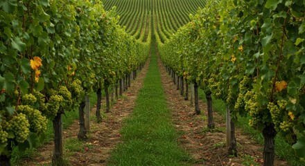 Fototapeta premium Walking Through Vineyard Rows with Green Grapes Ready for Harvest