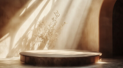 Minimalist interior for product showcase with a wooden round podium illuminated by soft natural sunlight on textured beige wall. Natural background for product photography and display.