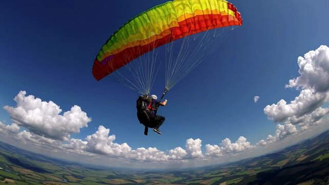 Aerial video shot of a paraglider soaring over lush fields under a vibrant rainbow parachute, capturing expansive landscapes and a vast blue sky.