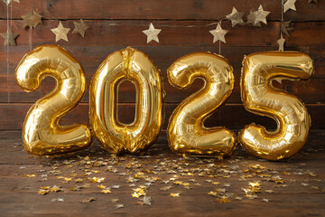 Golden balloons forming 2025 on rustic wooden floor with star decorations for festive New Year theme.