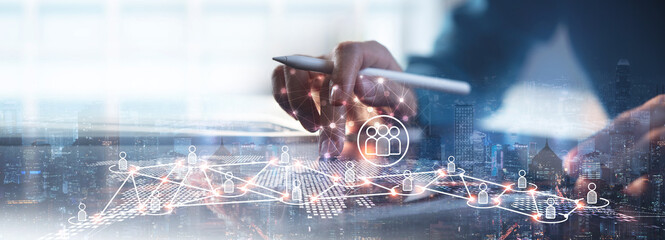 CRM. Customer relationship management concept,  Customer network for online marketing, internet technology. customer service. Human resources HR management and recruitment, outsourcing