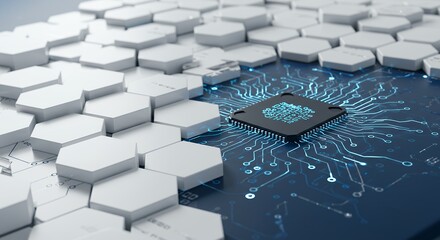 Non representational technology digital geometric shapes high technological characteristics geometric forms pale blue colors futuristic high speed computational network